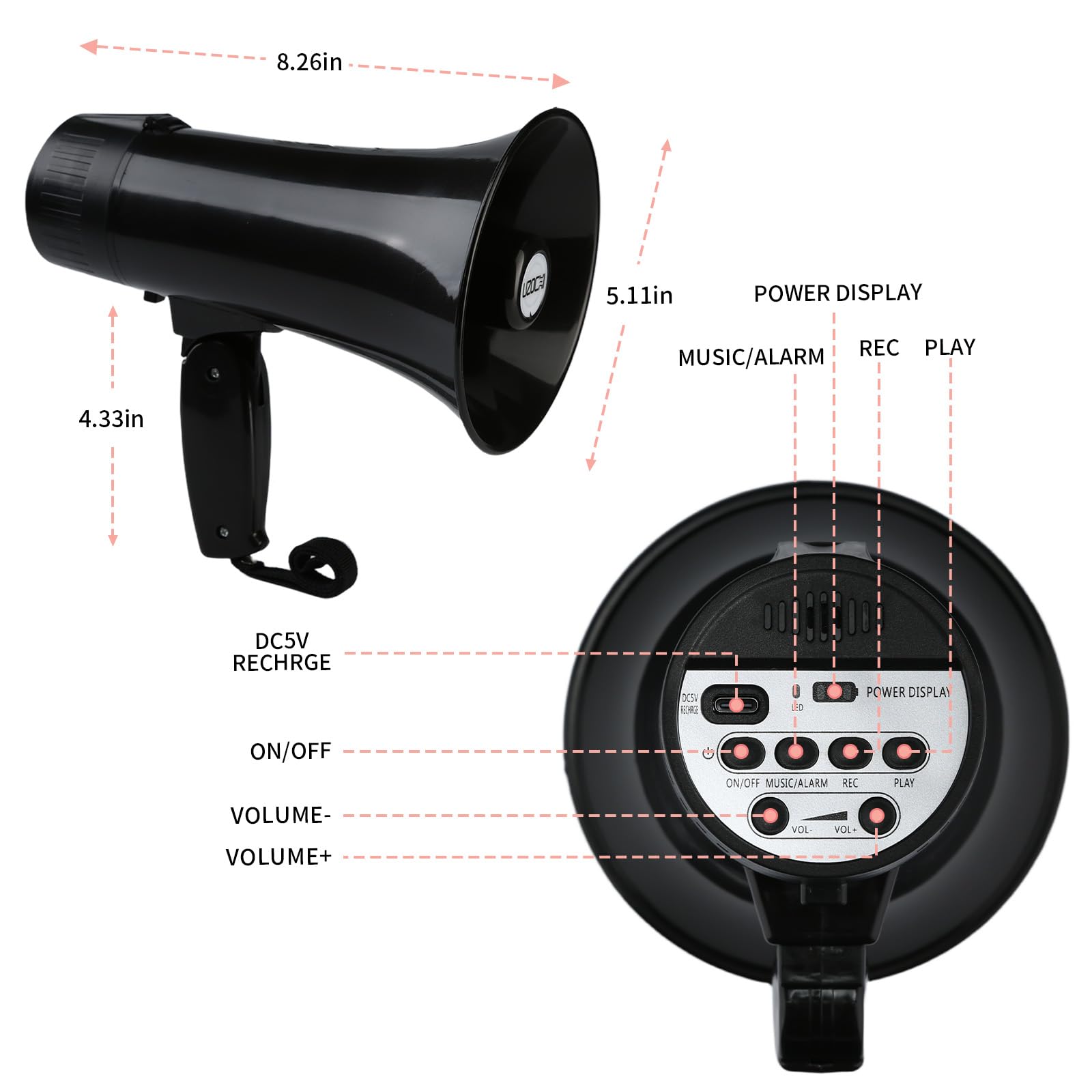Amazon.com : UZOCHI 20 Watt Rechargeable Megaphone Bullhorn