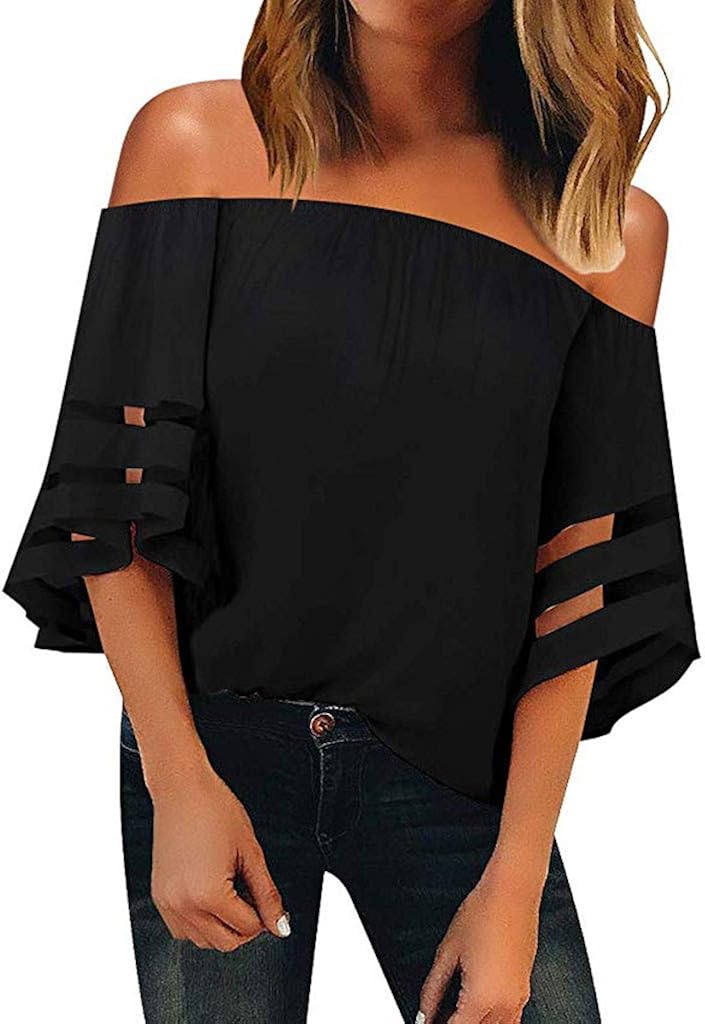 Womens Off Shoulder Hollow Mesh Panel Blouse 3/4 Bell Sleeve Loose Top Shirt at  Women’s Clothing store