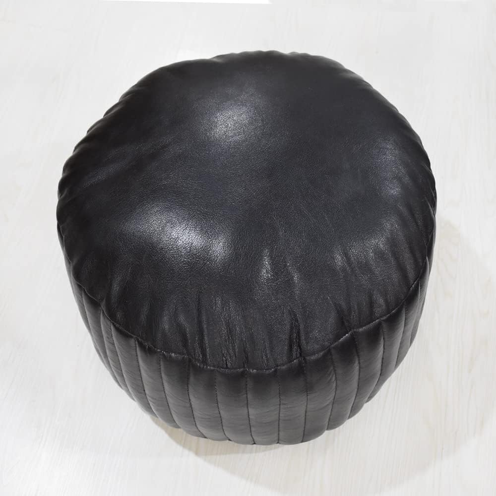 Rugsotic Carpets PF08 Round Shaped Goat Leather Handmade Eco-Friendly Black Pouf - 14" x 14" x 14", Plain Solid, Recycled Cotton Filled