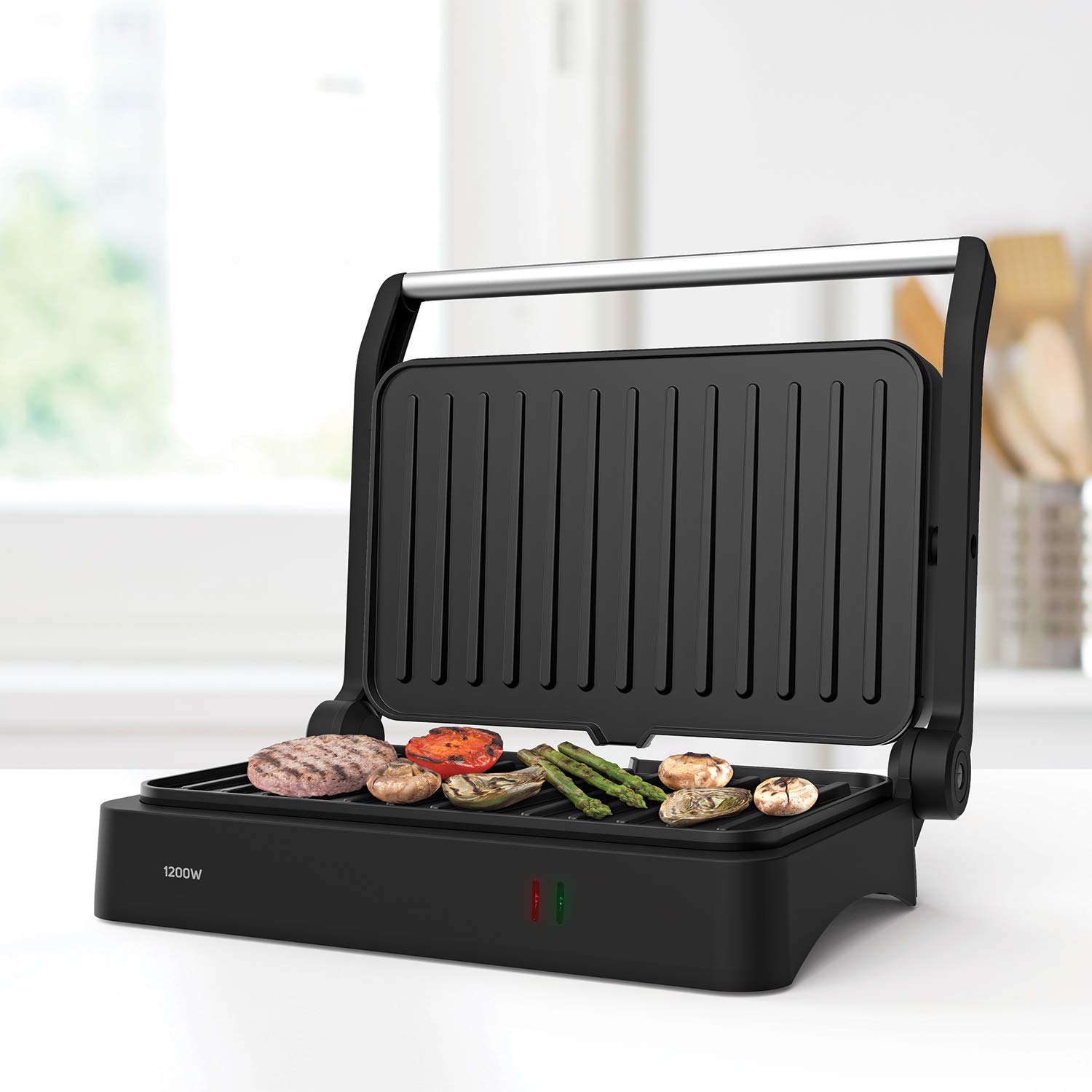 Taurus Ekspansywny grill 1200 W, szybkie gotowanie, pieczenie i pieczenie, nieprzywierająca płyta bez PFOA, 14,5 x 23 cm, po prostu stal nierdzewna, antypoślizgowa podstawa, uszczelka do kanapek,