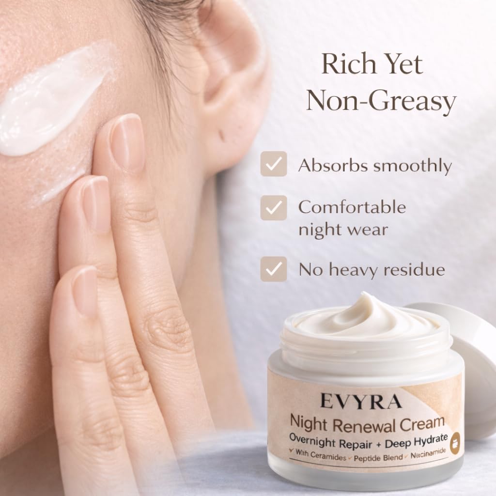 EVYRA Night Renewal Cream – Advanced Ceramide Barrier Support + Niacinamide + Multi-Weight Hyaluronic Acid – Deep Overnight Hydration for Smoother, Healthier-Looking Skin – 1.76 oz