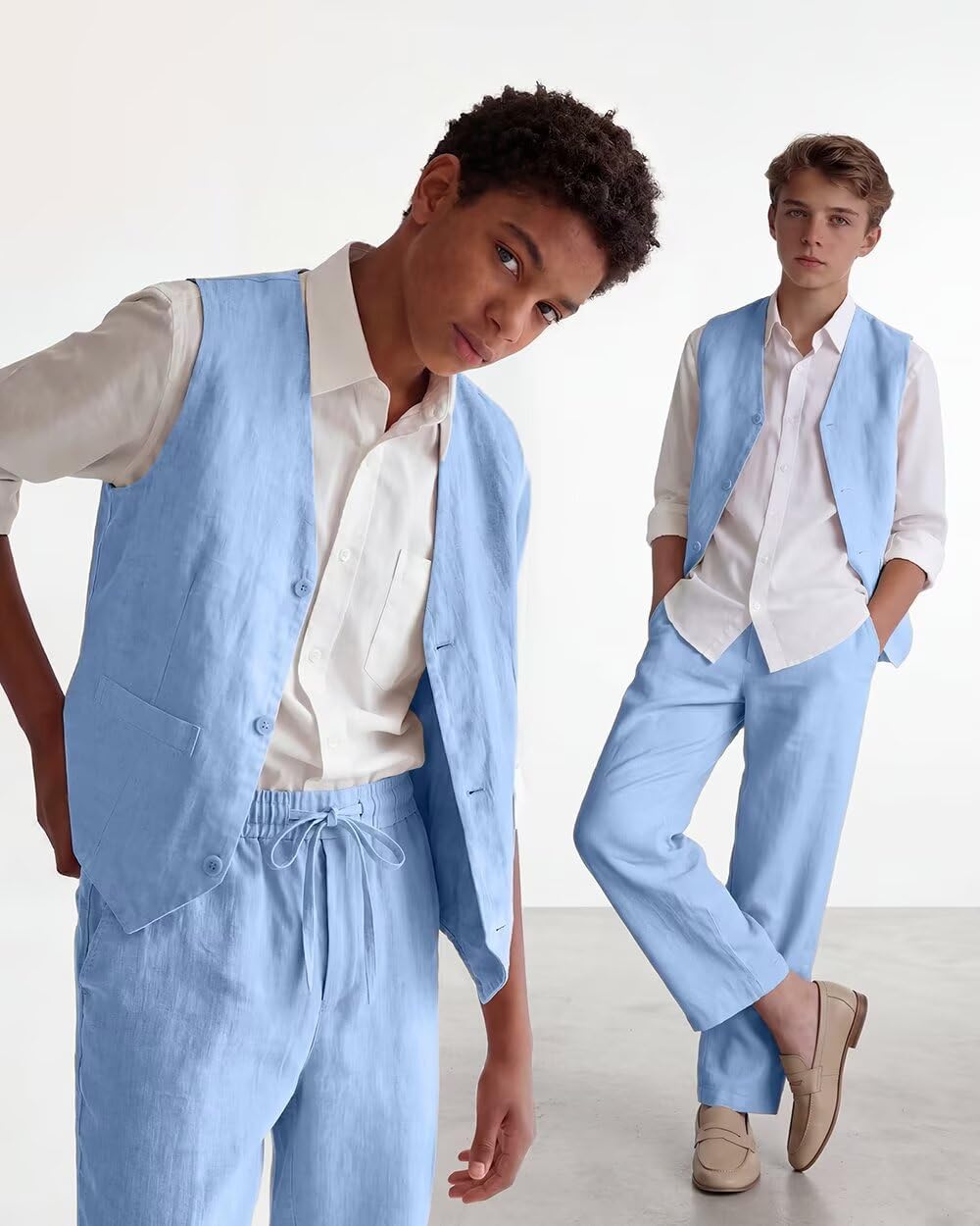 Retro Linen Boys Suit Slim Fit 5 Piece Sets Kids Wedding Outfit Linen Suits Casual Drawstring Tuxedo Set for Boy