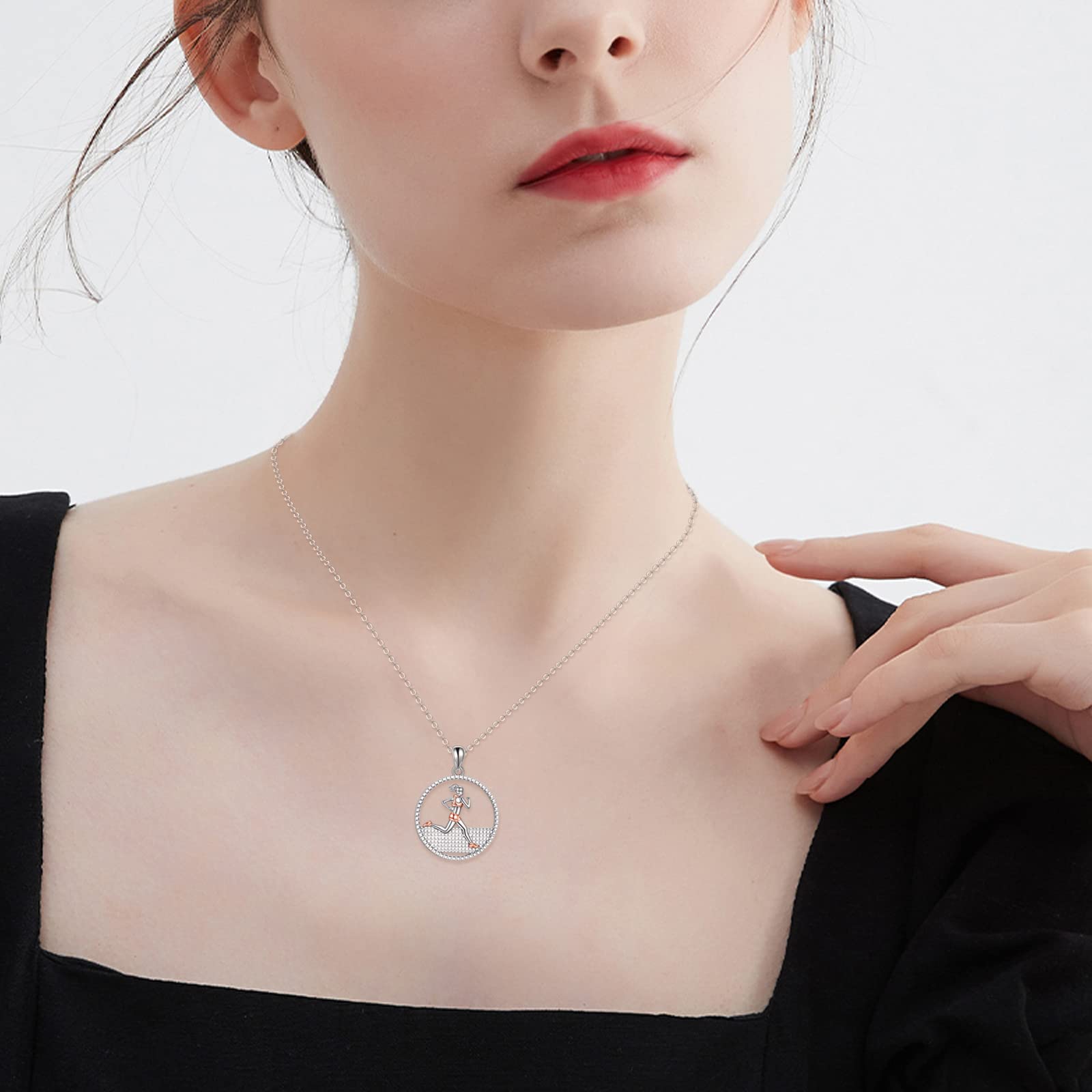 YFN - Regalo per maratoneti, collana da corsa per donne, in argento Sterling, ciondolo corridore, argento Sterling, senza gemme
