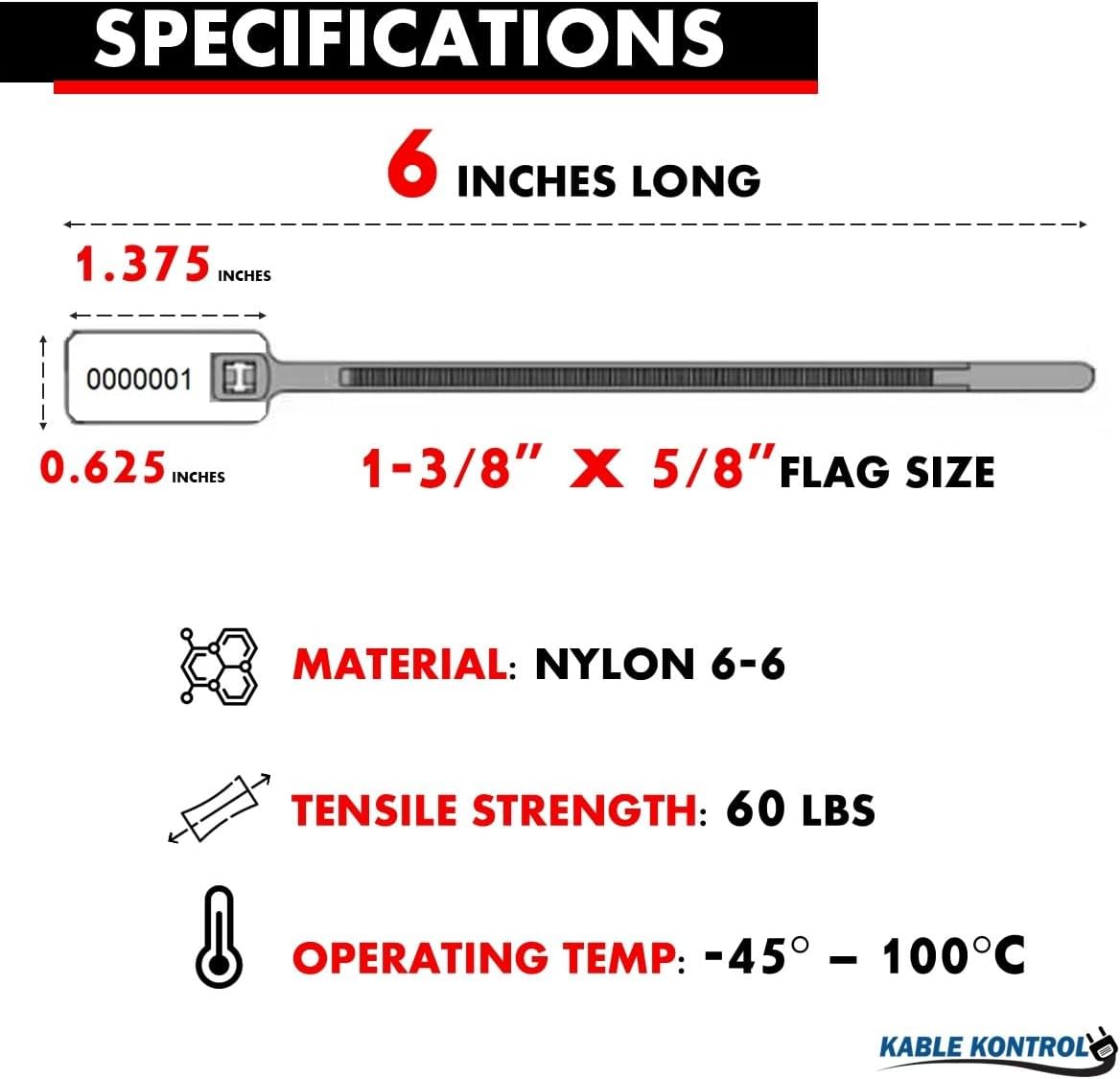 Kable Kontrol Serialized Flag Numbered Cable Zip Ties, 6 Inch 100 Pcs High Strength Nylon, UV & Weather Resistant, Tamper-Resistant with Large ID Tag for Industrial & Residential Use - Red