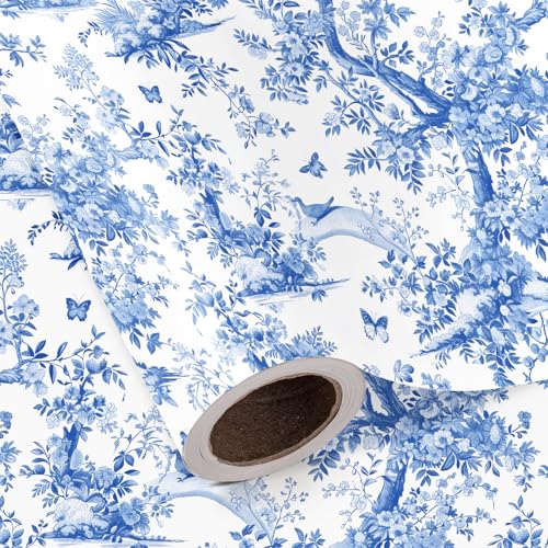 WRAPAHOLIC Blue Toile Wrapping Paper Roll - Mini Roll - 17 Inch x 16.5 Feet - Vintage French Nature Bird & Floral Wrapping Paper for Wedding Birthday Bridal Shower Tea Party Anniversary