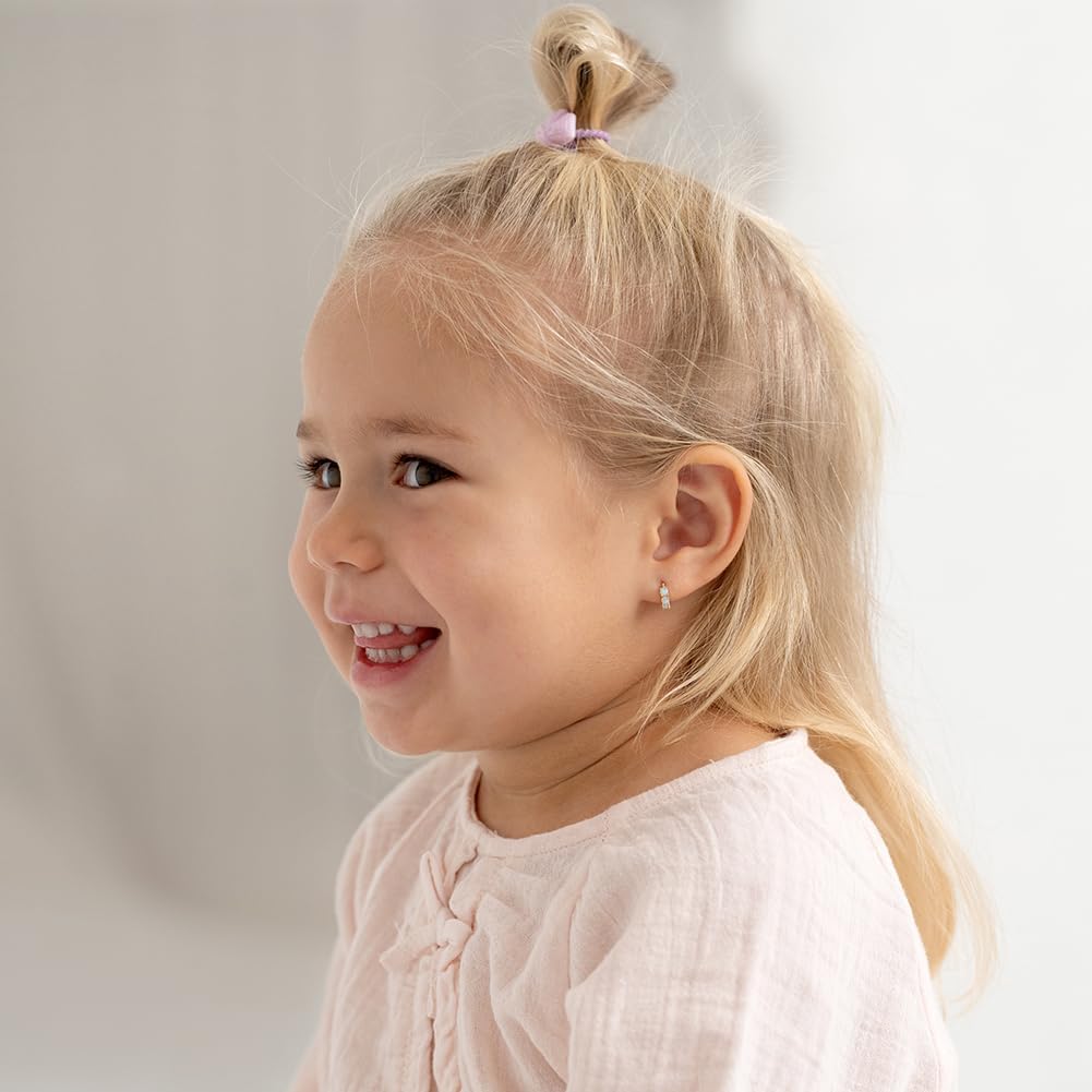 14k Yellow Gold Small Prong Set Simulated Opal Hoop Earrings For Babies and Toddler Girls 7mm - Little Girls Sparkling Earrings - Dainty Hoops For Children