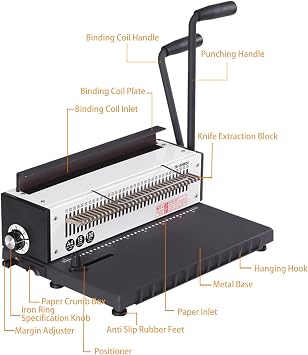 Focket Coil Binding Machine, Heavy Duty 34 Holes Max 3:1 Pitch Manual Punching Spiral 18 Sheets Max Punching, 130 Sheets Max Binding Capacity, A4 A5 Size Spiral Binding Machine (Square Holes)