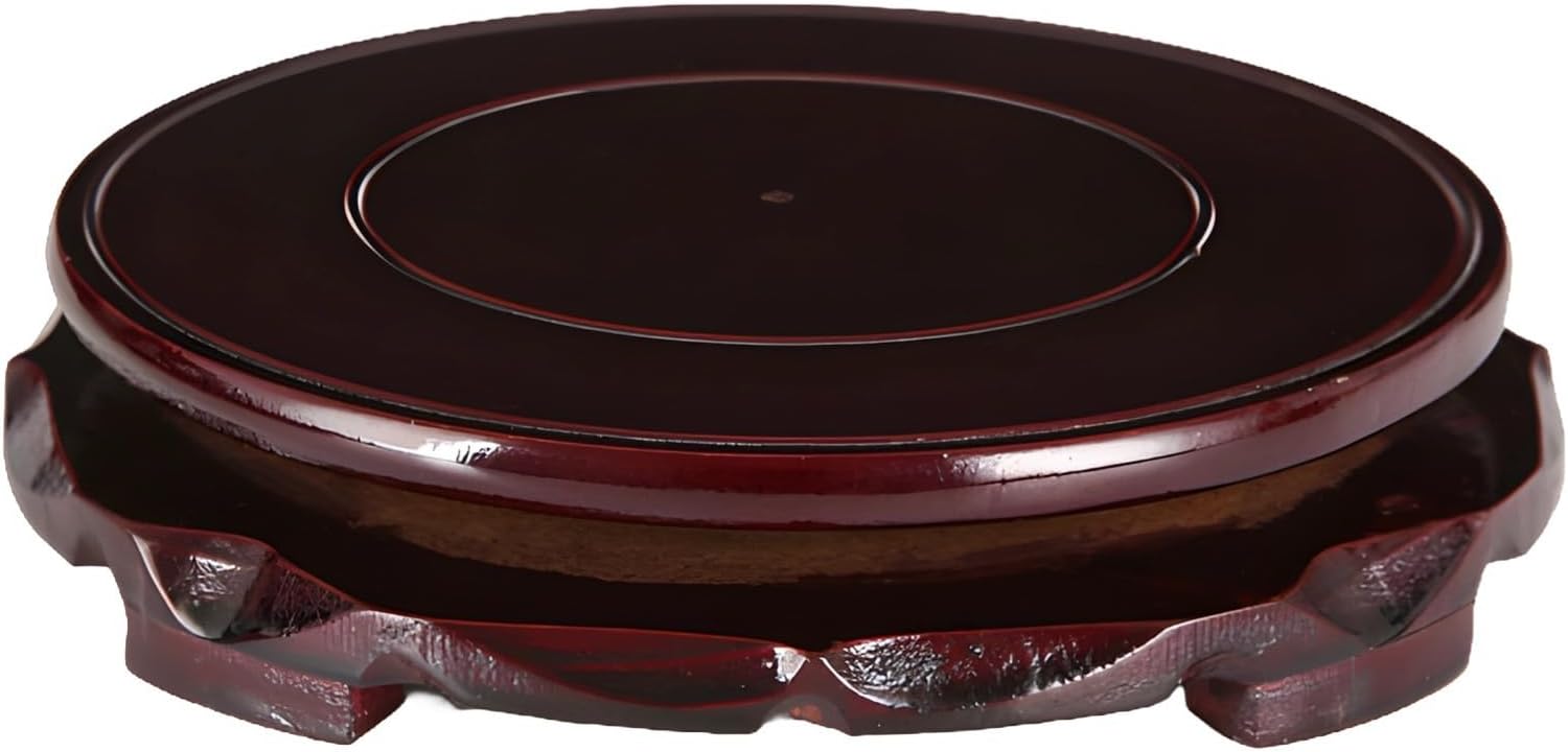 Small Wooden Display Stand, 18Cm Round, Carved Dark Wood Finish, Elegant Plate Holder With Artistic Base Design