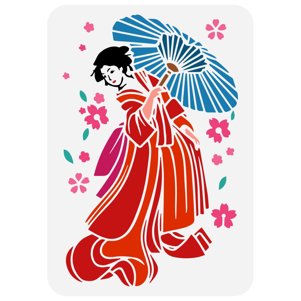 FINGERINSPIRE Geisha Umbrella Stencil - Cherry Blossoms Painting Template 21x29.7cm PET Plastic for Wall & Floor Decoration