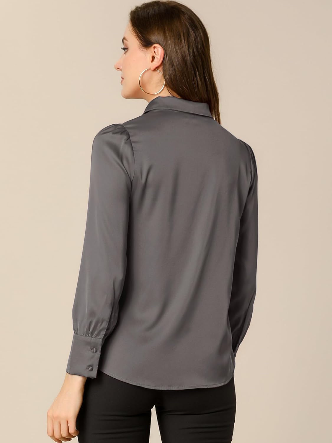 Allegra K Women's Satin Blouse Puff Long Sleeve Collared Button Down Shirt Dressy Office Work Top Business Casual - Image 4