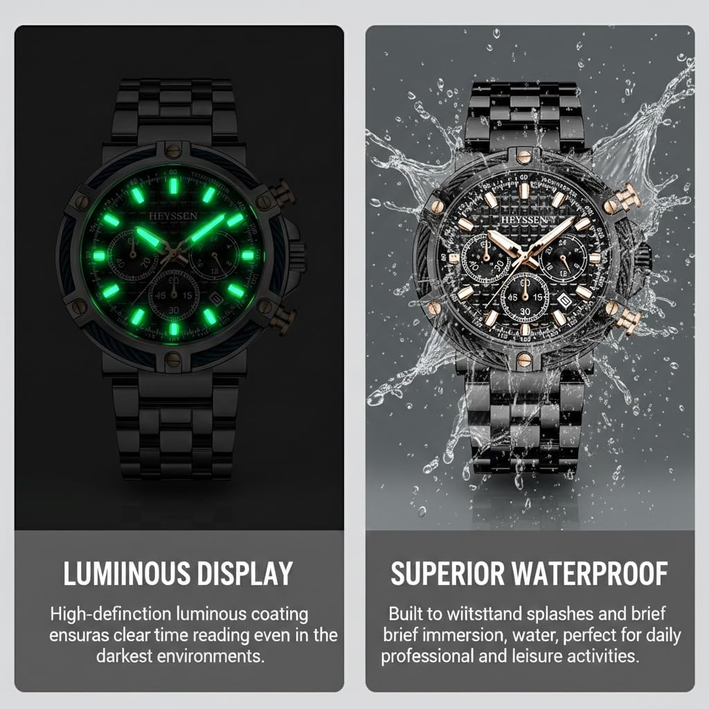 Chronograph Watches for Men Stainless Steel Band Sport Luminou Dial Chronograph Waterproof Watch with Timer & Birthday Gifts for Men