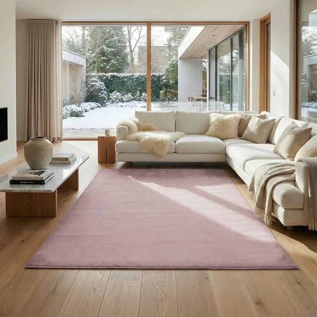 Jimri Flauschiger Teppich Läufer - Hochwertiger Kurzflor für Zuhause, Büro, Küche, Eingang, Flur, Wohnzimmer - Maschinenwaschbar - Rutschfester Teppich Waschbar - 80x150 cm - Rosa