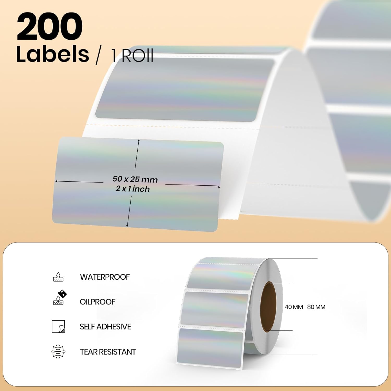 Silver Thermal Labels Vinyl 1 × 2 Inch Self-Adhesive Holographic Direct Printable Address Stickers Roll Waterproof Printer Decals for QR Code DIY Name Tag 200 PCS - Image 2