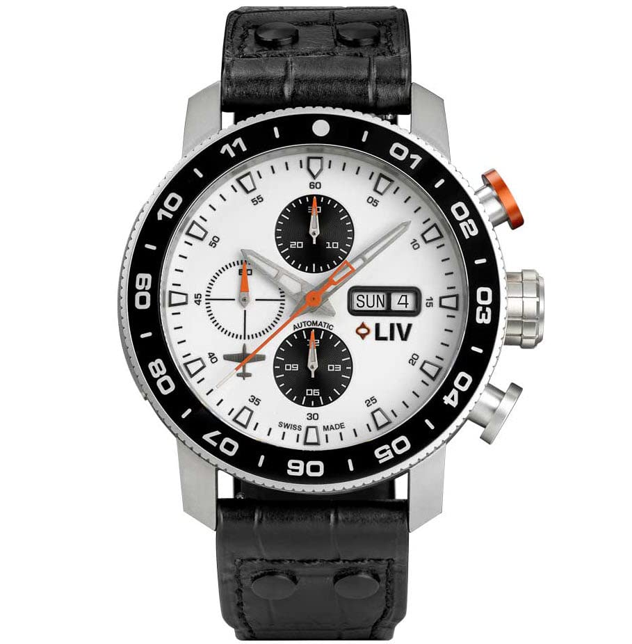 LIV P-51 Titanium 46MM Swiss Automatic Day-Date Chrono Men's Watch - Unidirectional Ceramic Bezel- High-Grade Titanium Case - Sapphire Crystal, White, Pilot's Watch