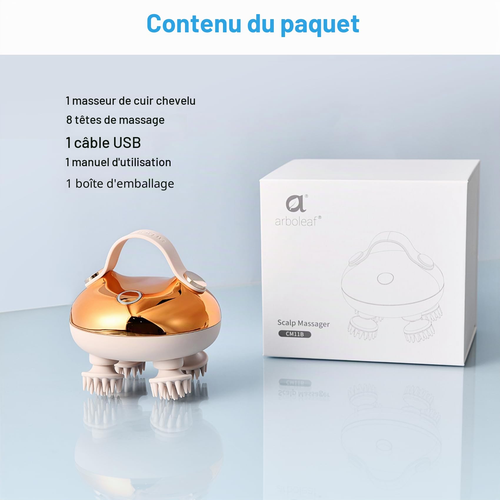 arboleaf masseur de tête électrique, masseur de cuir chevelu IPX7 imperméable à l’eau avec 8 têtes de massage et 3 modes de massage, masseur de tête pratique pour la relaxation (Golden)