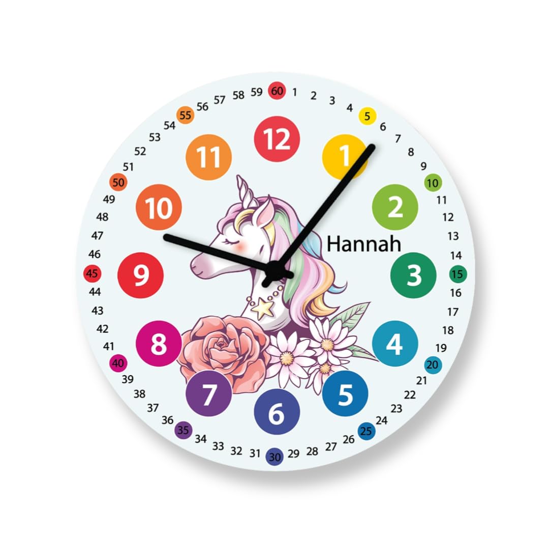 Wanduhr Einhorn Kinder Uhr Regenbogen Farben Uhrzeit lesen Lernen Schule Mädchen mit Name