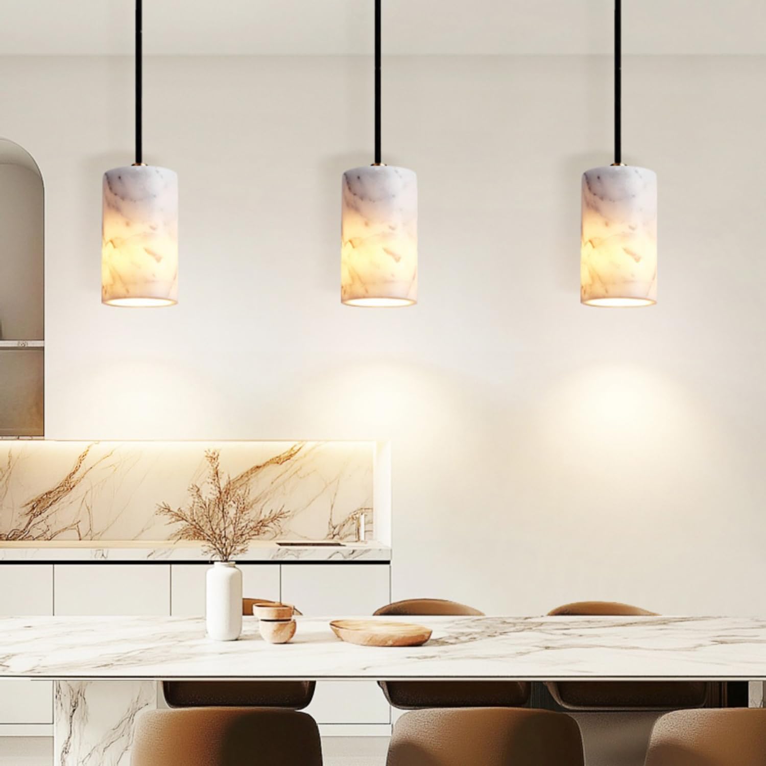 Luksusowa Lampa Wisząca Z Marmuru, Cylindryczna, Lekka, Wisząca | Unikalna Tekstura Naturalnego Kamienia, Abażur E27, Pojedyncza Głowica, Styl Hiszpański Industrialny, Salonu Sypialni