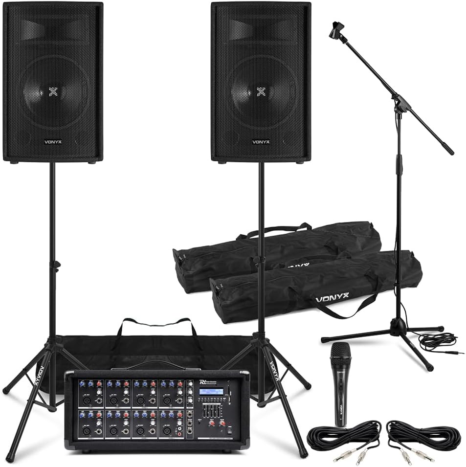 Complete Band PA System - Vonyx SL10 Passive Speakers, Power Dynamics 8-Channel Mixer Amp with Bluetooth, Microphone Kit, Speaker Stands & Audio Cables
