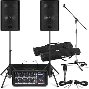 Complete Band PA System - Vonyx SL10 Passive Speakers, Power Dynamics 8-Channel Mixer Amp with Bluetooth, Microphone Kit, Speaker Stands & Audio Cables