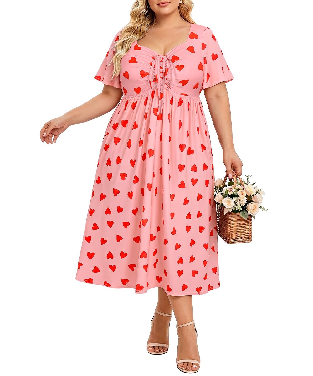 CARCOS Plus Size Dresses for Curvy Women Tie Sweetheart Neck Summer Maxi Dress Short Sleeve Empire Waist Floral Boho Dress