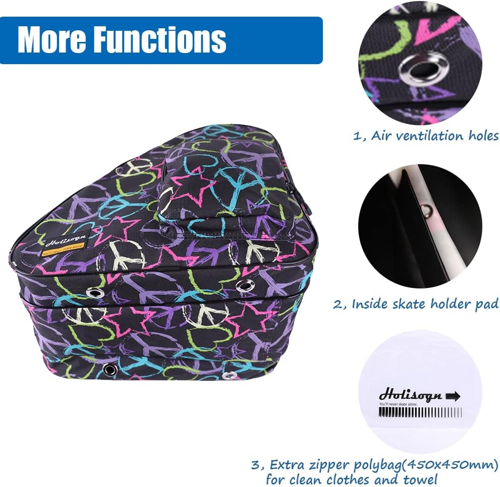 Holisogn Ice, Figure, Inline and Roller Skate Bags, Premium and Fashion Bags for child, kids, teenager, adult with all sizes (Peace & Love Black HLS002) : Sports & Outdoors