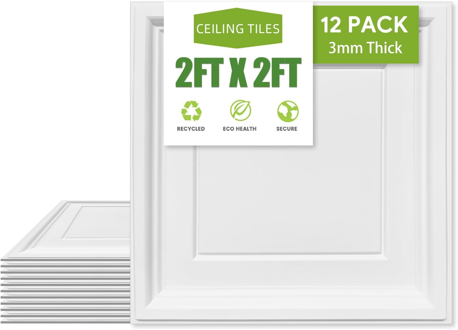 2ft x 2ft Drop Ceiling Tiles, White Icon Relief Ceiling Tiles 24 x 24in. Waterproof, Washable and Fire-Rated - Reusable - High-Grade PVC to Prevent Breakage Cover 48 Sq. Ft, Pack of 12 Tiles