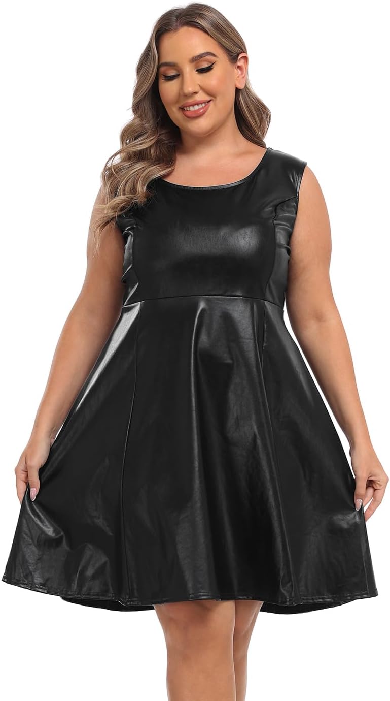HDE Plus Size Shiny Metallic Alien Costume Dress Futuristic Sleeveless Space Skater Dress