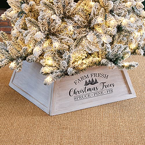 Glitzhome 26" L Washed White Wooden Tree Collar, Rustic Trapezoid Tree Stand Cover Farm Fresh Christmas Tree Skirt Box by Glitzhome - Used condition - US$27.05