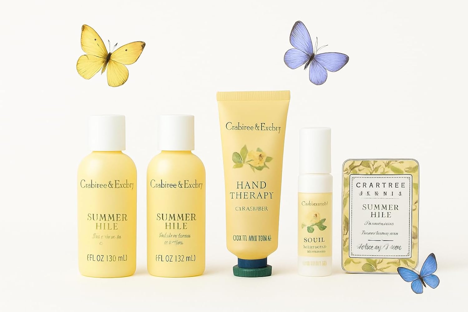 Crabtree & Evelyn Summer Hill Personal Travel Bath Set (6 Pieces - (3oz) bath and shower gel (3oz) body lotion (0.9oz) hand cream (0.33oz) body mist (3.5oz) soap 1 cosmetic bag)