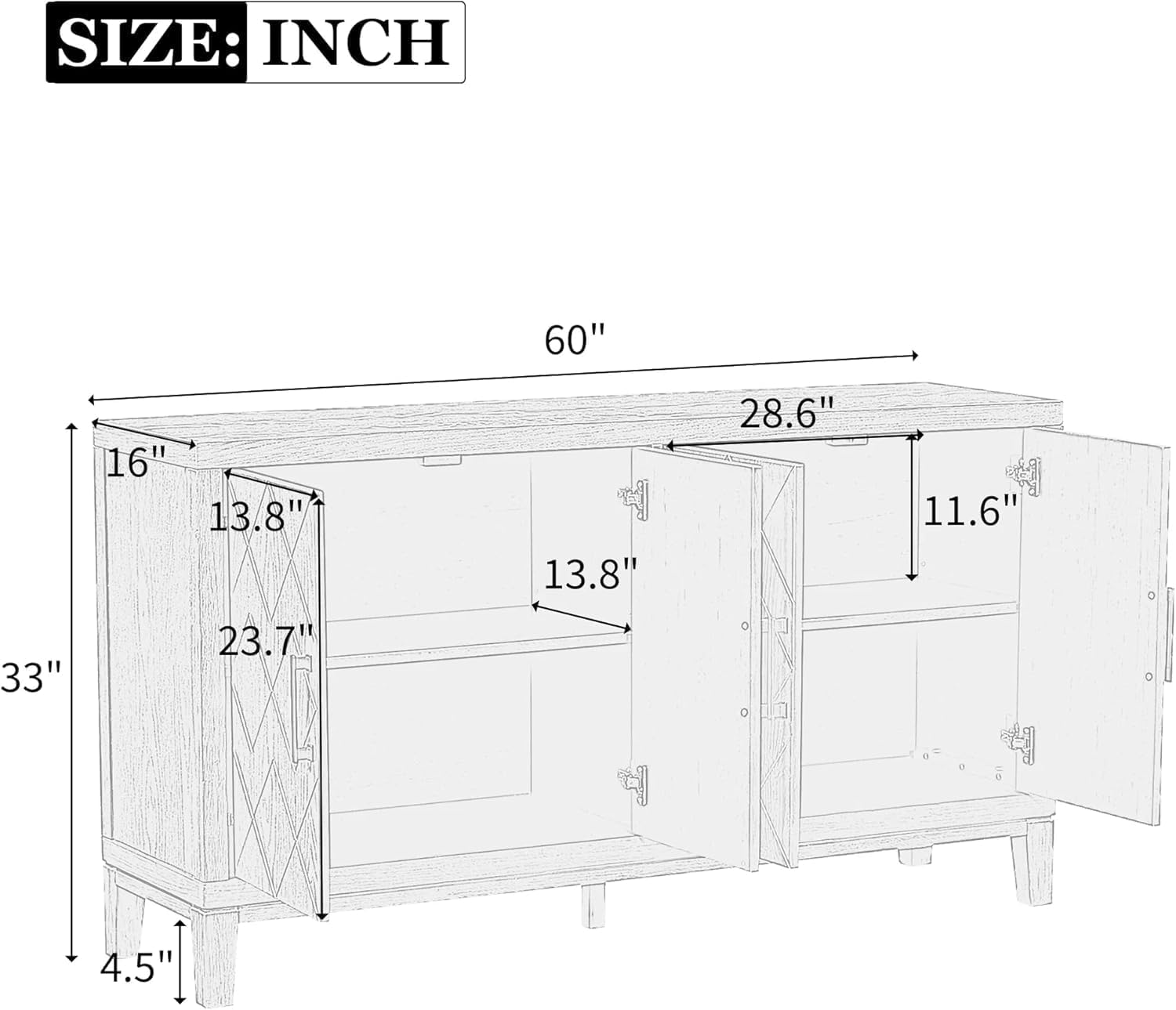 4-Door Retro Sideboard with Adjustable Shelves, Two Large Cabinet with Long Handle,