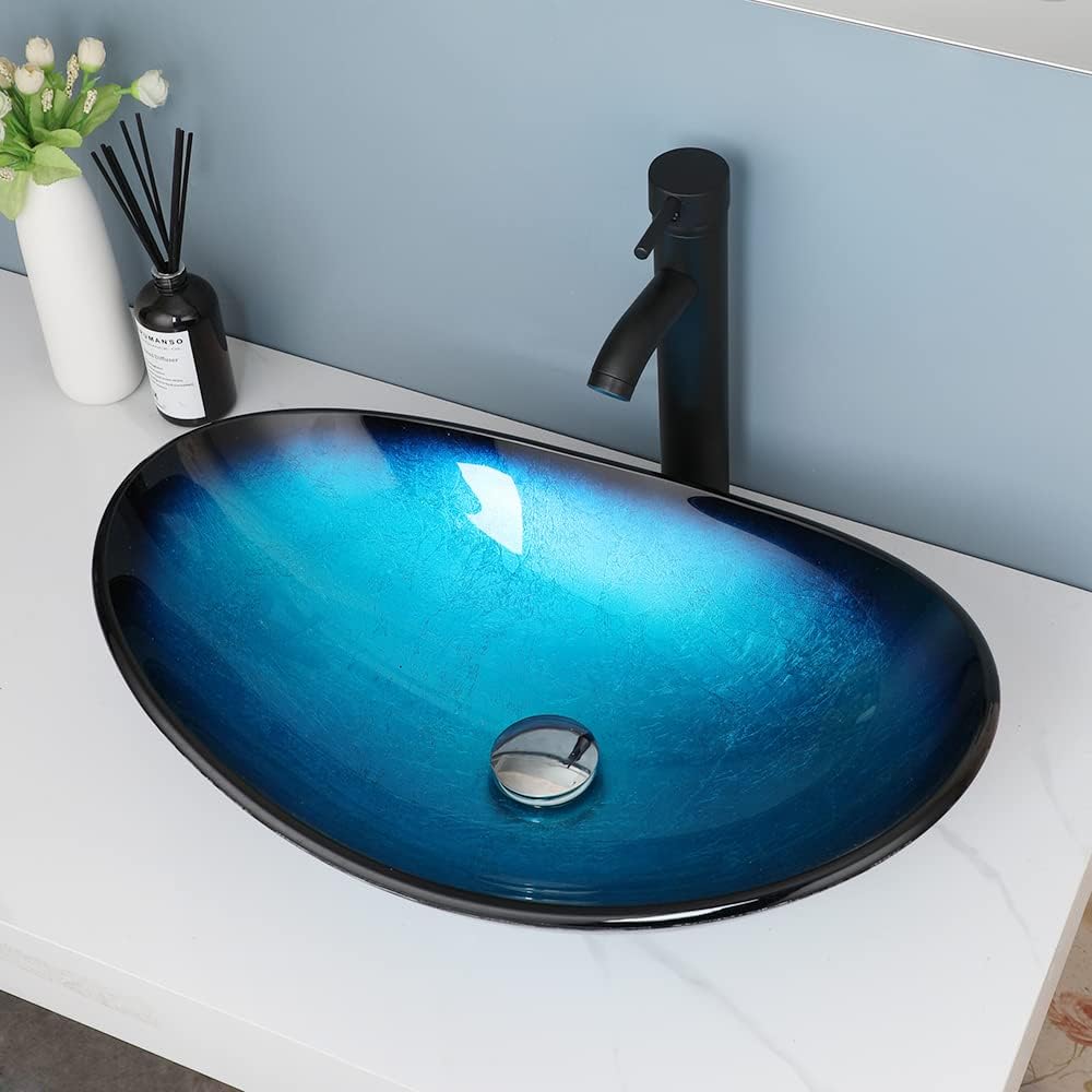 Blue Tempered Glass Vessel Sink with Faucet and Drain 21 Inch Oval Bathroom Sink Above Counter, Bathroom Basin Bowl Sink