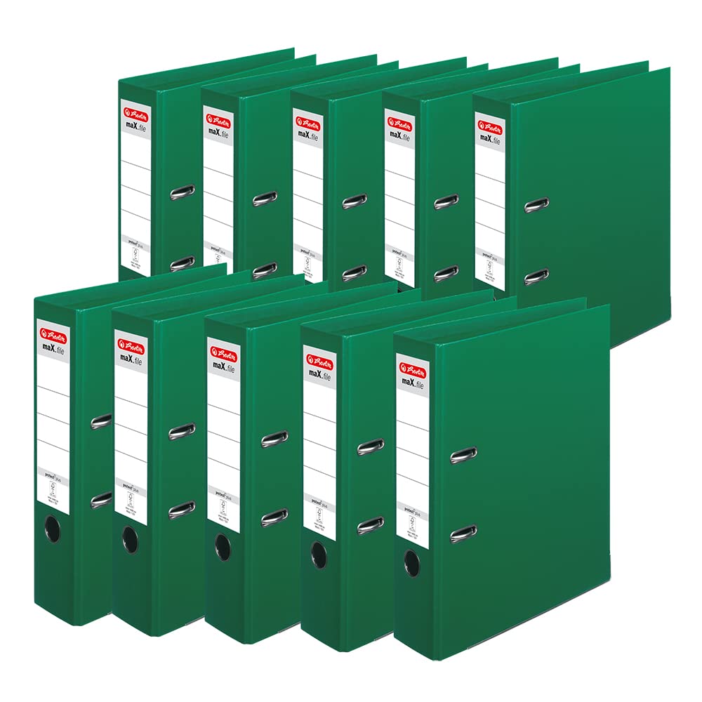 herlitz Ordner A4 maX.file protect +, A4, 8 cm Rückenbreite, Grün, Kunststoffbeschichtung, Einsteckrückenschild, Kantenschutz innen und außen, 10 Stück