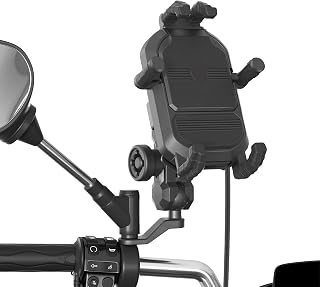 KuuleynMotorcycle Phone Holder with 15w Wireless Charging Aluminum Alloy PC Adjustable Phone Holder Anti Theft Design with 135cm Cable for Daily Motorcycle Riding Naviga (Rearview Mirror Mount)