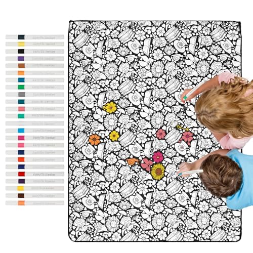 Manta Para Colorear Para Adultos | 115X150CM Manta Lavable Para Manualidades | Mantas Para Colorear Personalizadas Con 24 Rotuladores | Proyecto De Arte De Pintura Divertidos Para Niños Adultos (B)