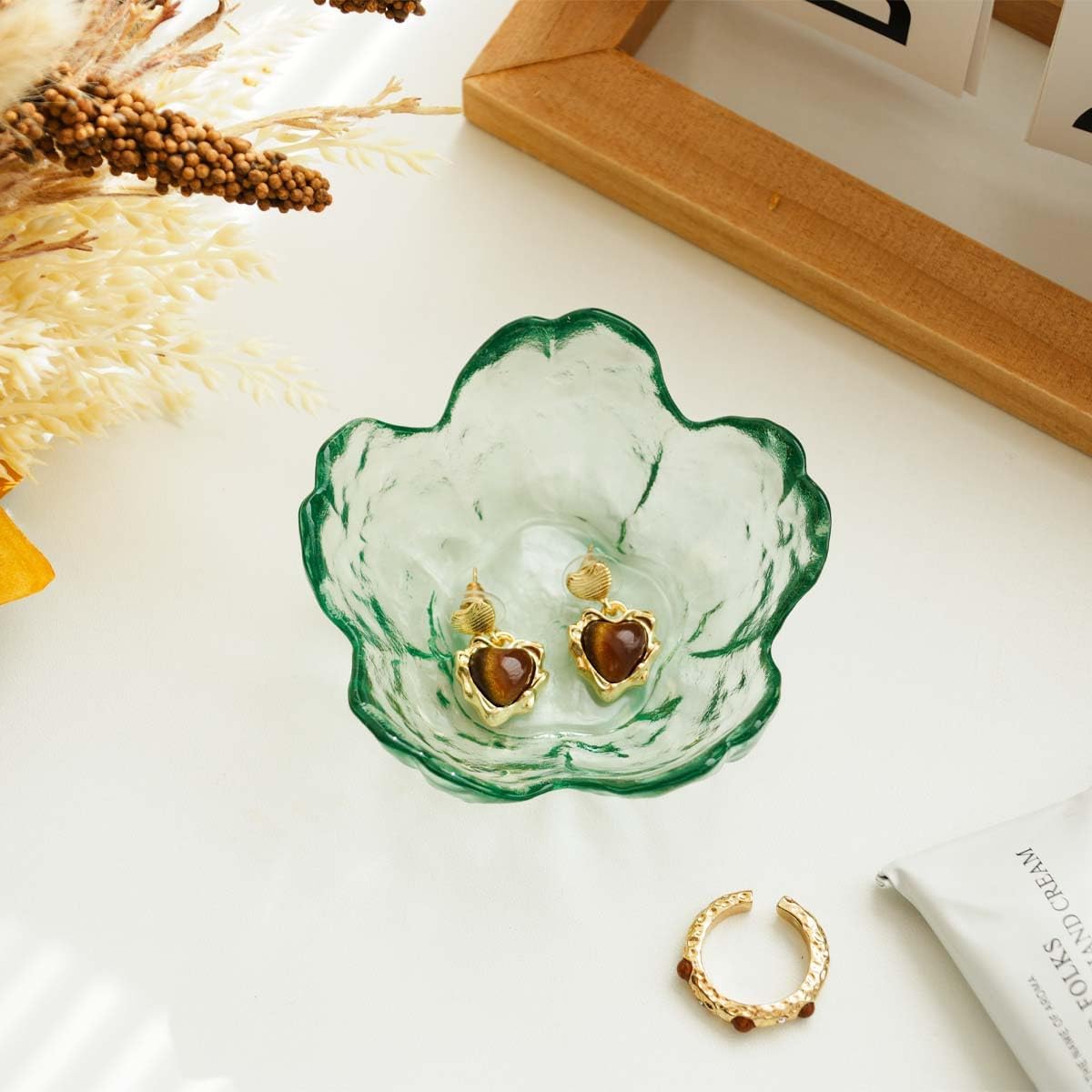 Birthday Gifts For Women Flower Jewelry Dish Glass Ring Holder Dish Jewelry Tray Glass Trinket Dish Bathroom Room Decor Trinket Dish Valentine's Friendship Christmas Birthday Gifts for Women(Green)