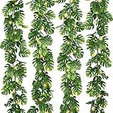 IPOPU 4PCS Artificial Monstera Leaf Ivy Vines with Light Strings, 5.7FT Faux Tropical Palm Leaf Garland Fake Monstera Hanging Greenery Plant for Garden Jungle Hawaiian Party Porch Patio Outdoor Decor