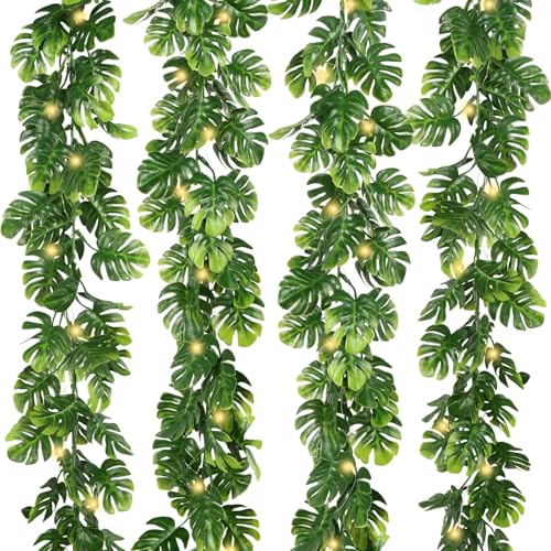 IPOPU 4PCS Artificial Monstera Leaf Ivy Vines with Light Strings, 5.7FT Faux Tropical Palm Leaf Garland Fake Monstera Hanging Greenery Plant for Garden Jungle Hawaiian Party Porch Patio Outdoor Decor