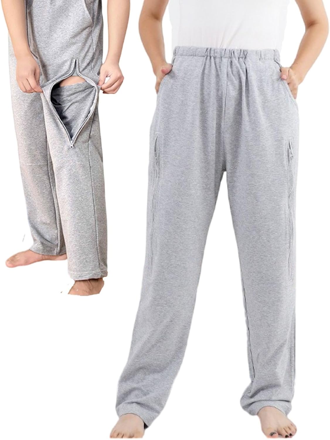 Catheter Pants for Men/Women, Urine Bag Holder with 2 Zippered Side Pockets, Holding 2x2000ml Catheter Bag for Nephrostomy, Foley, Cystostomy, Enterostomy, Urostomy Patients (L, Grey)
