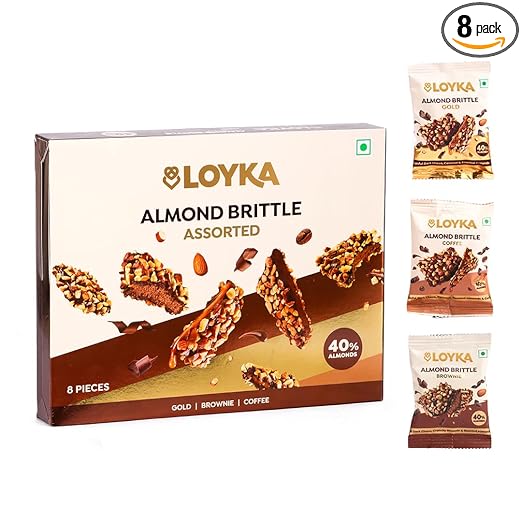 Loyka Almond Brittle Assorted Choco Box - 8 pcs 116gm | Premium Chocolate Gift Hamper | Choco & Nut Dryfruit Delicacy | Roasted California Almonds (40%), Dark Choco & Salted Caramel |
