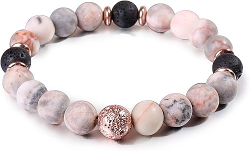Vista 6 de Pulsera de jaspe de cebra rosa lava roca, pulseras de relajación de yoga para aliviar el estrés, pulsera espiritual curativa de piedra de cristal