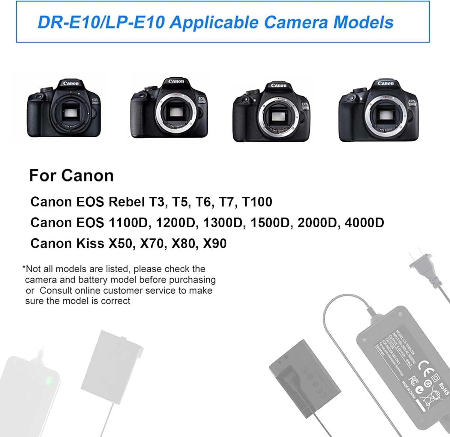 ACK-E10 Adapter Ladegerät LP-E10 Dummy-Akku DR-E10 DC Koppler Ladegerät Kit für Canon EOS Rebel T3 T5 T6 T7, Kiss X50 X70 X80 X90, EOS 1100D 1200D 1300D 1500D 2000D Kameras