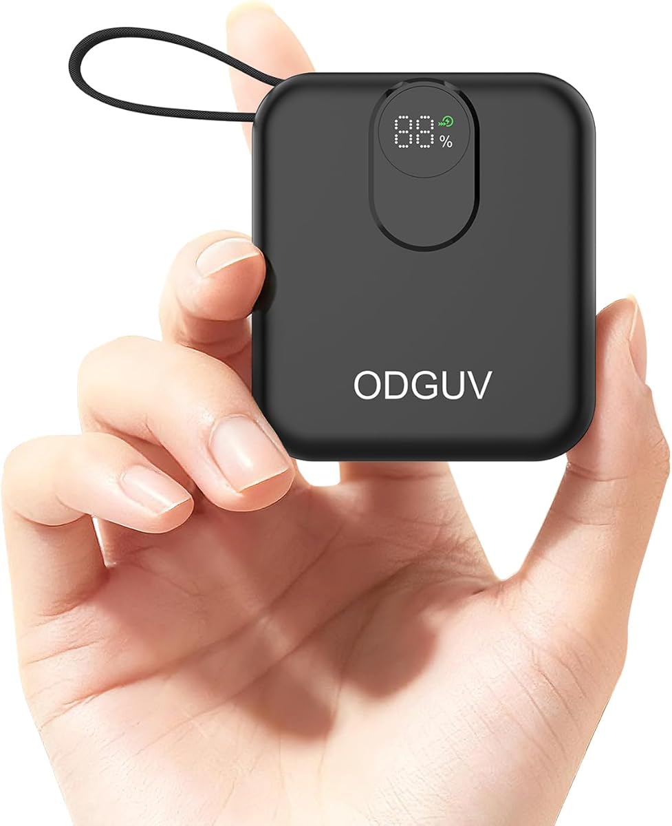 ODGUV Small Portable Charger with Built-in Cables,22.5W Fast Charging Power Bank,USB-C Mini Battery Pack 10000mAh,Travel Essential Powerbank for iPhone Samsung Android iPad MacBook,Black