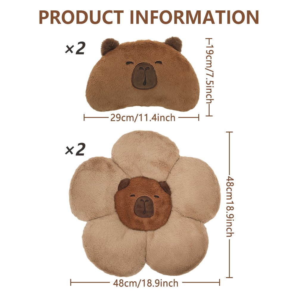 LYFJMUS 4 Pack Plush Capybara Car Headrest Pillow and Lumbar Support Pillow Kawaii Plushies Capybara Stuffed Headrest Cute Car Decor for Car Driving