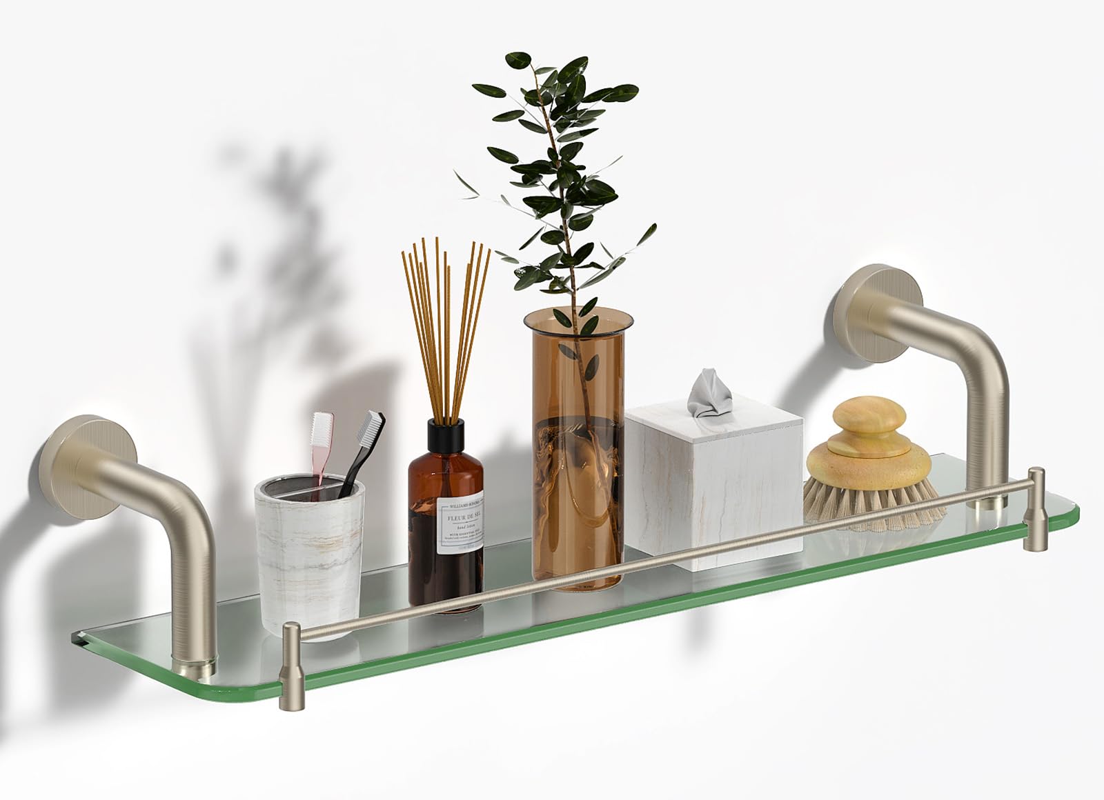 Glass Shelf/Shelves 20IN for Bathroom Nickel Rectangular Stainless Steel Tempered Glass Modern Wall Mount Shelf Sink Over Toilet Bathroom Organizer (Brushed Nickel, 20-inch)