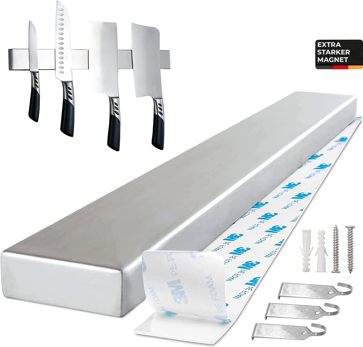 Supporto magnetico per coltelli, da 40,6 cm a parete in acciaio inox magnetico con guide con gancio per utensili da cucina e portaoggetti multiuso