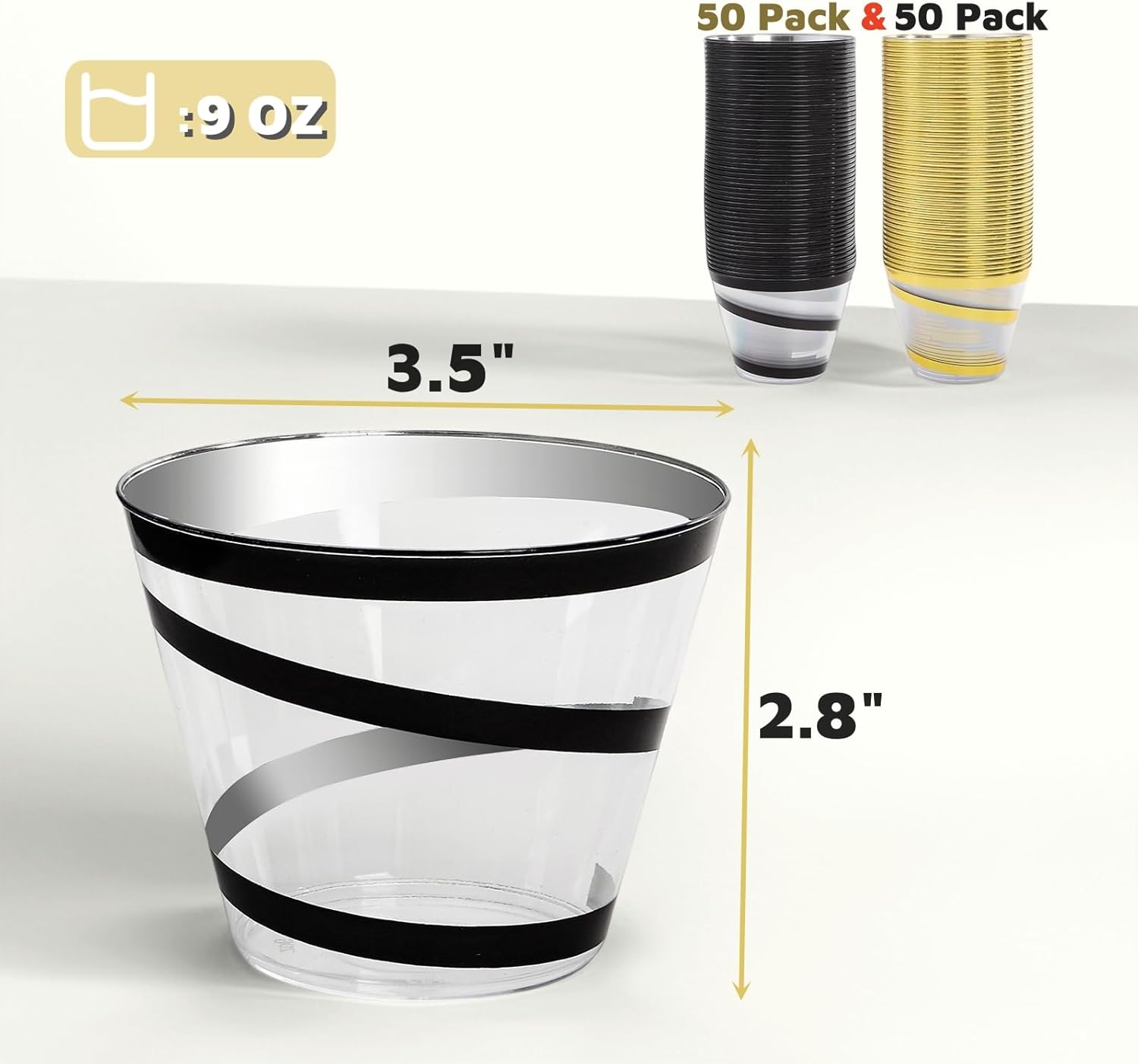 100 Pack 9 OZ Clear Plastic Cups with Gold Rim, Disposable Rimmed Swirl Cocktail Party Cup, Heavy Duty Elegant Wine Glasses, Drinking Tumbler for Weeding Christmas Single Party (Black, Gold)