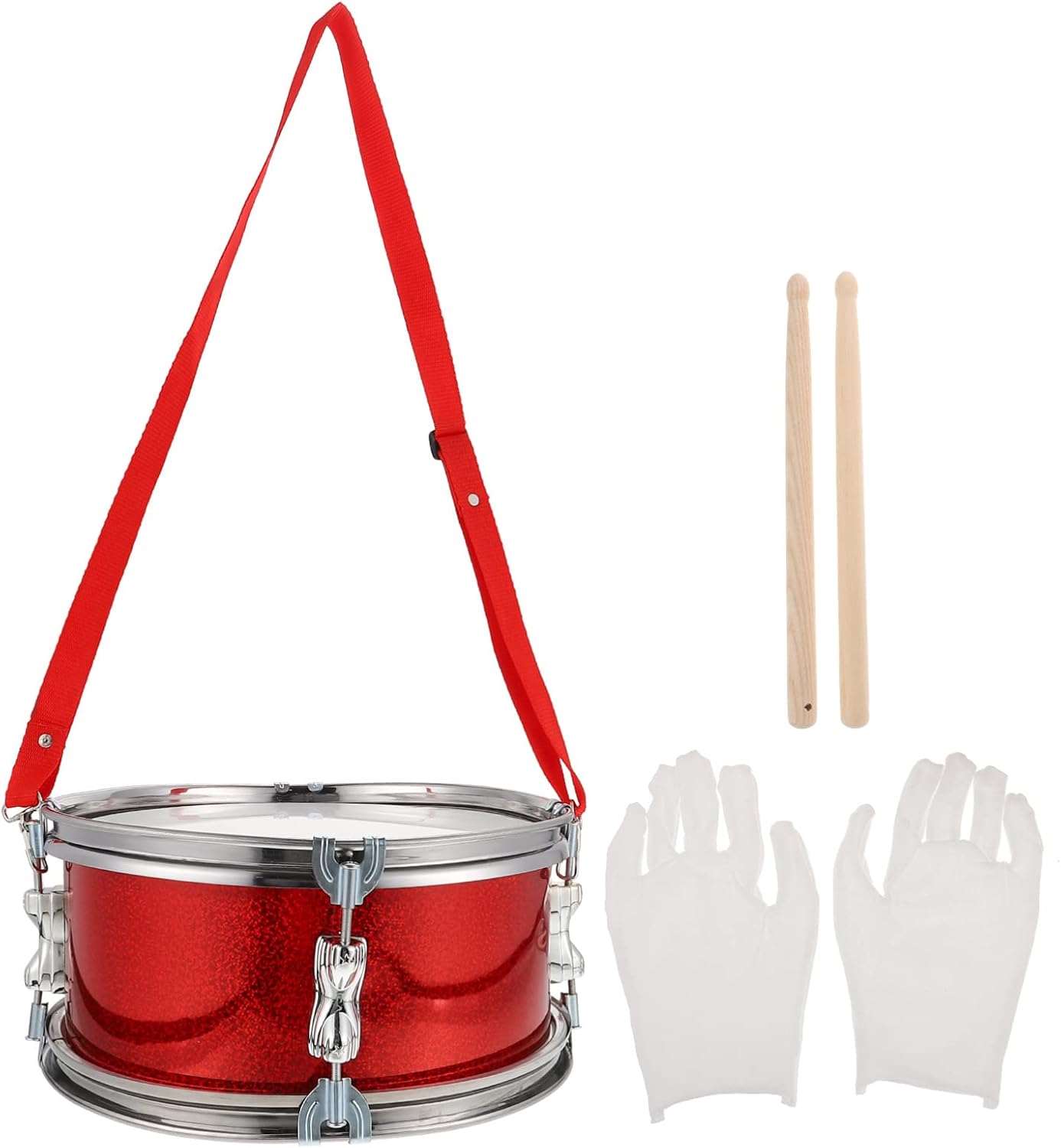 Generic Kid Hand Drum 11 Inch Marching Snare Drum Set Children Snare Drum Performance Drum with Adjustable Strap Wooden DrumSticks Gloves, Bright Red Wood Drum Toy Set