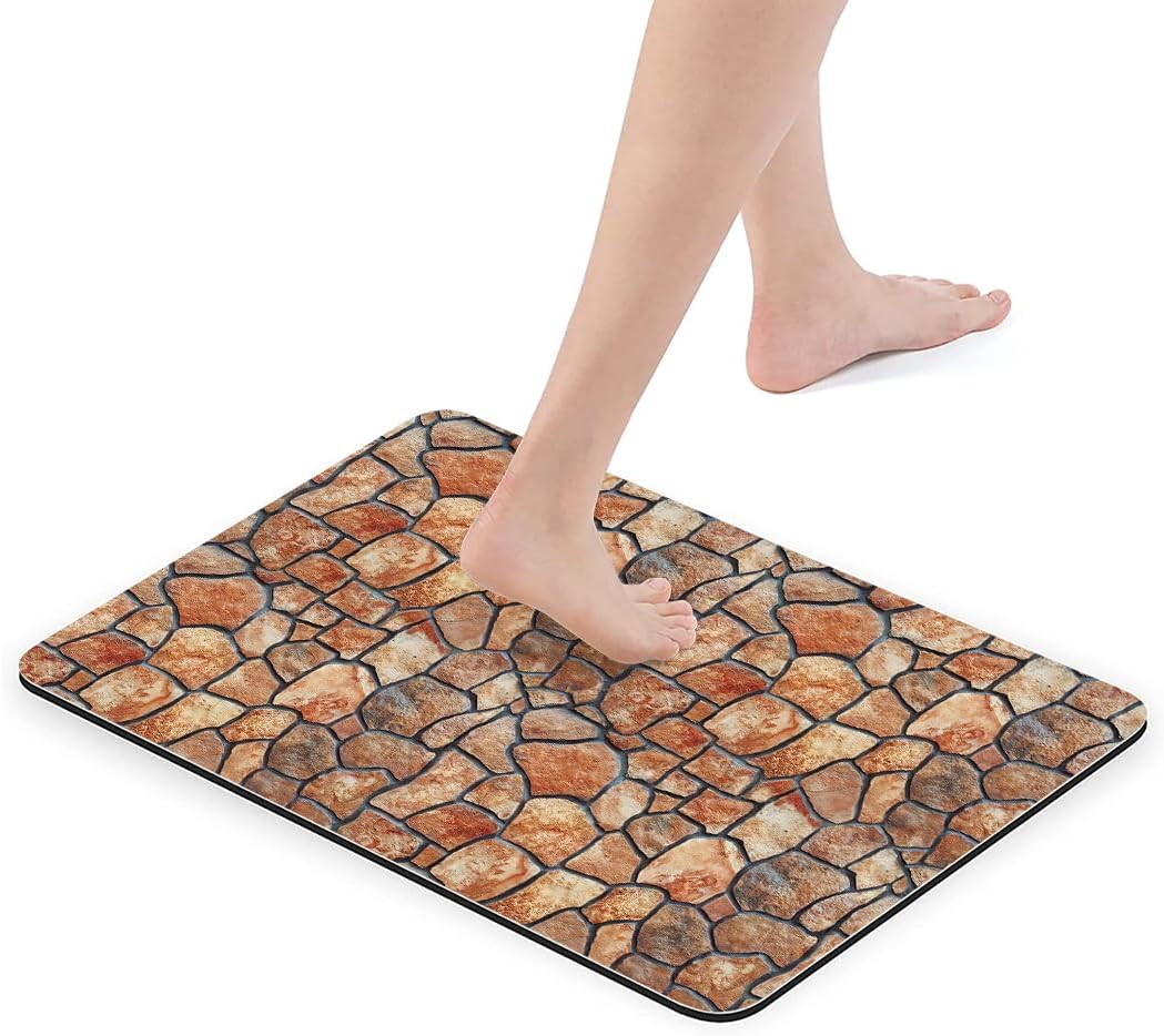 Stone Wall Pattern Printed Bathroom Rug Non - Slip Washable Rubber - Backed Floor Mat 17"x24"