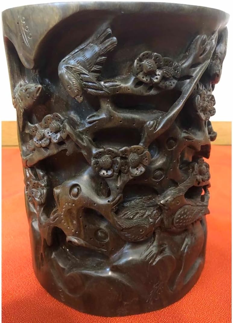 木彫梅花鳥の図宝石の木緑檀筆筒美術品