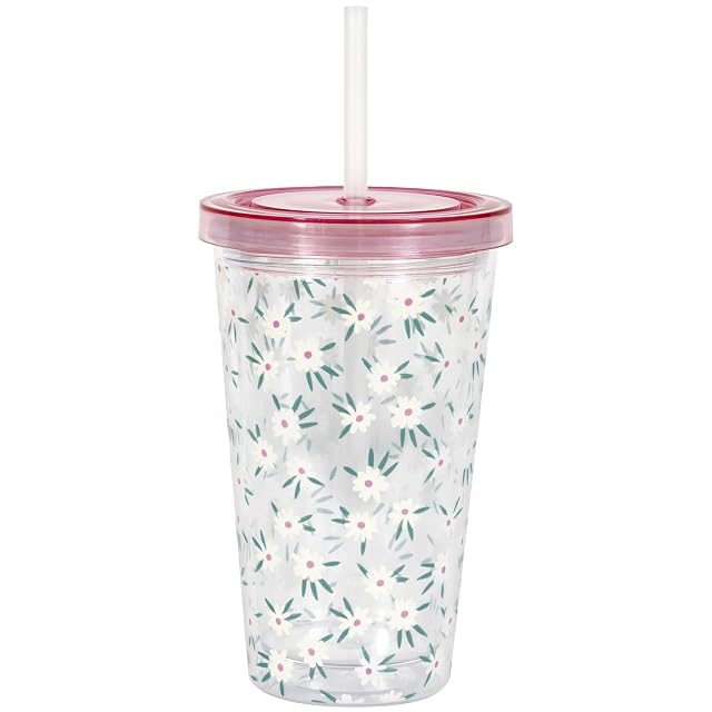Unique White Spring Florals Plastic Tumbler with Straw 16oz 1 Count Elegant Design - Perfect for Hot Cold